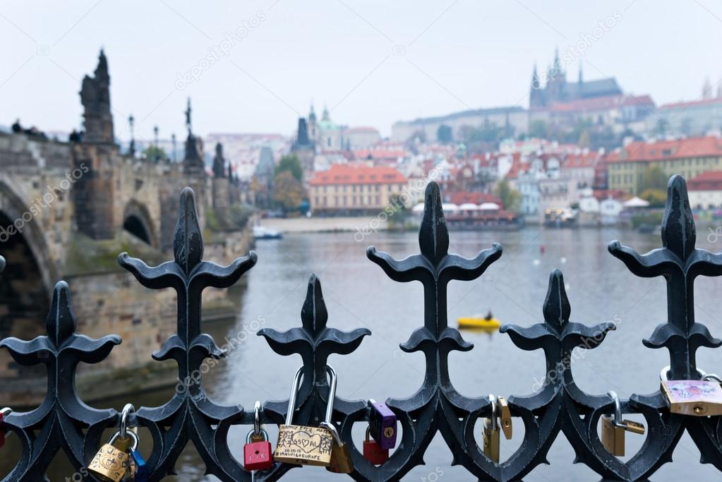 Prague riverbank with locks of love