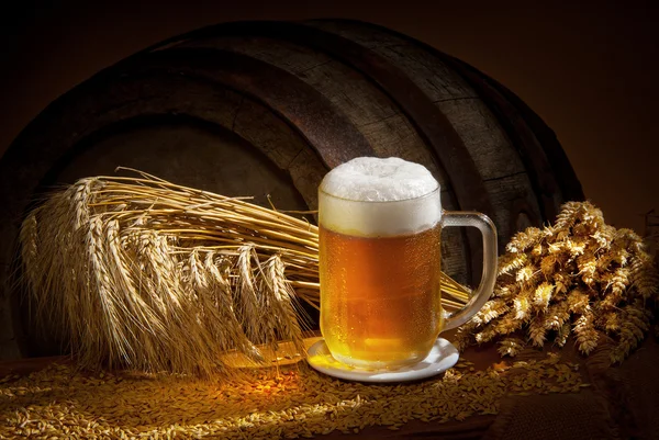 Glass of beer with barley and wheat — Stock Photo, Image