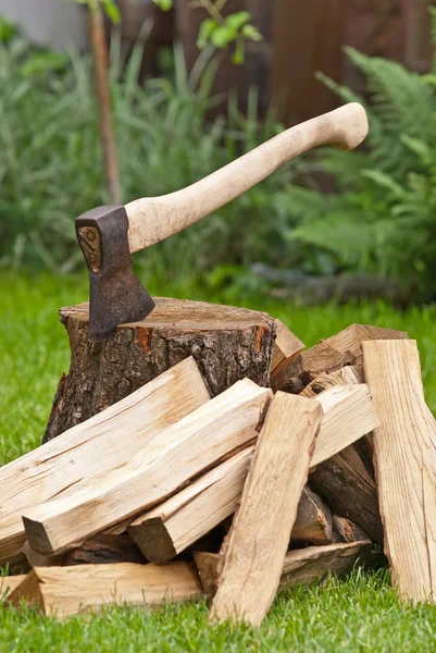 Old used ax with a log — Stock Photo, Image