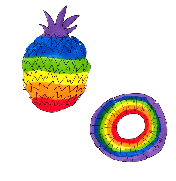 Illustratie van een regenboog ananas en een stuk ananas — Stockfoto
