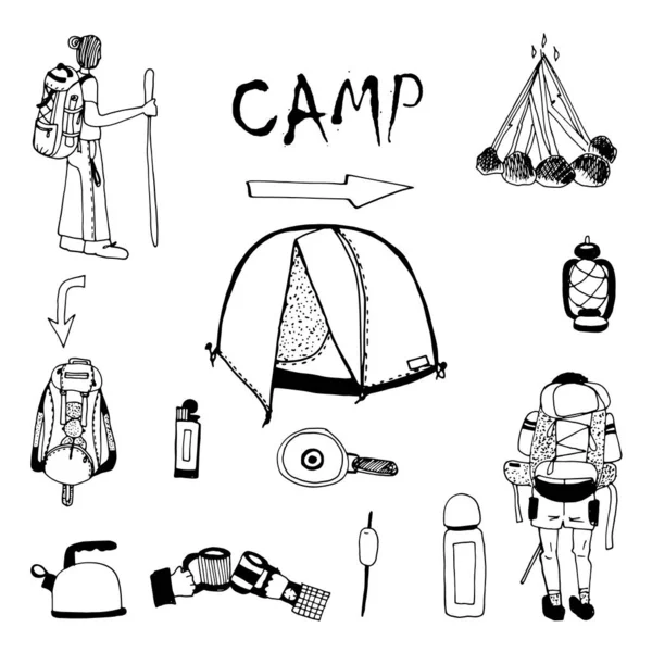 Um conjunto de vetor preto e branco doodles acampamento — Vetor de Stock