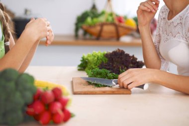 İnsan eli, mutfakta sebze salatası pişiriyor. Sağlıklı yemek ve vejetaryen konsepti