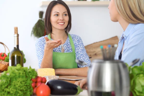 Two Young Happy Woman Making Cooking Kitchen Friendship Culinary Concept — Stock Photo, Image