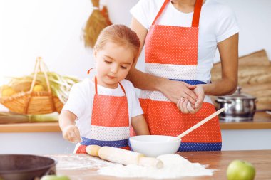 Mutlu kadın ve kızı, güneşli mutfakta ziyafet veren lezzetli bir aile için hamur yoğurup kurabiye pişiriyorlar. Noel, yeni yıl, Şükran Günü, yıldönümü, anneler günü. Sağlıklı yemek pişirme kavramı.