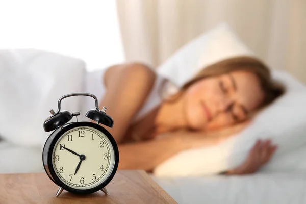 Beautiful Young Woman Sleeping Smiling While Lying Bed Comfortably Blissfully Stock Image