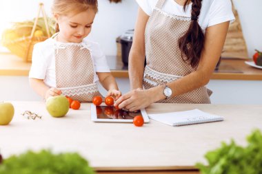 Mutlu kadın ve kızı aile ziyafeti, güneşli mutfak için yeni tarifler arıyorlar. Noel, yeni yıl, Şükran Günü, yıldönümü, anneler günü. Sağlıklı yemek pişirme kavramı.