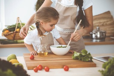 Mutlu kadın ve kızı aile ziyafeti için sağlıklı vejetaryen salatası ve atıştırmalıklar yapıyorlar. Noel, yeni yıl, Şükran Günü, yıldönümü, anneler günü. Sağlıklı yemek pişirme kavramı.