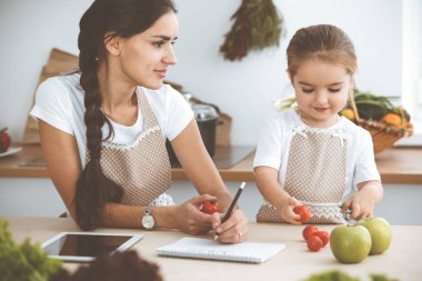 Mutlu kadın ve kızı lezzetli bir aile ziyafeti için yeni tarifler arıyorlar. Noel, yeni yıl, Şükran Günü, yıldönümü, anneler günü. Sağlıklı yemek pişirme kavramı.