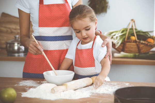 Счастливая женщина и ее дочь смешивают тесто и пекут печенье для вкусного семейного пира. Рождество, Новый год, День Благодарения, Юбилей, День Матери. Концепция здорового питания.