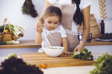 Mutlu kadın ve kızı aile ziyafeti için sağlıklı vejetaryen salatası ve atıştırmalıklar yapıyorlar. Noel, yeni yıl, Şükran Günü, yıldönümü, anneler günü. Sağlıklı yemek pişirme kavramı.