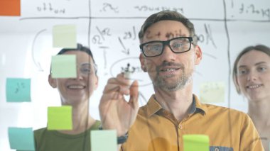 Gülümseyen iş adamları tartışma ve strateji planlaması yapıyor, modern ofis ortamında cam bir duvara renkli yapışkan notlar yapıştırıyor, takım çalışmasını ve işbirliğini teşvik ediyor