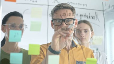 İş arkadaşları beyin fırtınası yapıyor, cam tahtaya strateji notları yazıyor, yaratıcı iş yeri toplantısında renkli yapışkan notlarla işbirliği yapıyorlar. Takım çalışması konsepti.