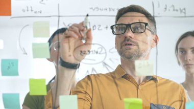 İş arkadaşları beyin fırtınası yapıyor, cam tahtaya strateji notları yazıyor, yaratıcı iş yeri toplantısında renkli yapışkan notlarla işbirliği yapıyorlar. Takım çalışması konsepti.