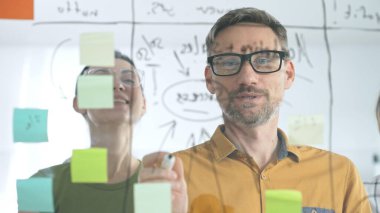 Gülümseyen iş adamları tartışma ve strateji planlaması yapıyor, modern ofis ortamında cam bir duvara renkli yapışkan notlar yapıştırıyor, takım çalışmasını ve işbirliğini teşvik ediyor