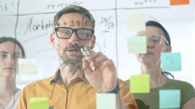 İş ekibi işbirliği yapıyor ve strateji kuruyor, cam bir tahtada yapışkan notlar kullanıyor, bir proje üzerinde birlikte çalışıyor, fikirleri paylaşıyor ve yenilikçi çözümler geliştiriyor.