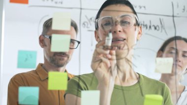 İş ekibi işbirliği yapıyor ve strateji kuruyor, cam bir tahtada yapışkan notlar kullanıyor, bir proje üzerinde birlikte çalışıyor, fikirleri paylaşıyor ve yenilikçi çözümler geliştiriyor.