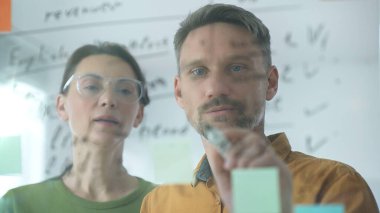 Two business colleagues are actively engaged in a brainstorming session, utilizing sticky notes on a glass board to organize their thoughts and develop a strategic plan for their project