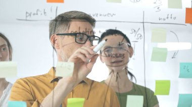 İş arkadaşları beyin fırtınası yapıyor, cam tahtaya strateji notları yazıyor, yaratıcı iş yeri toplantısında renkli yapışkan notlarla işbirliği yapıyorlar. Takım çalışması konsepti.