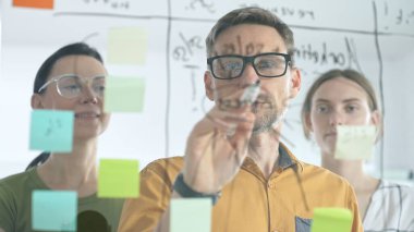 İş arkadaşları beyin fırtınası yapıyor, cam tahtaya strateji notları yazıyor, yaratıcı iş yeri toplantısında renkli yapışkan notlarla işbirliği yapıyorlar. Takım çalışması konsepti.