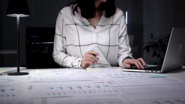 İş kadını, geç saatlerde bir ofis masasında mali verileri ve raporları derinden incelemeye, mesai, adanmışlık ve mesleki bağlılığı sembolize etmeye odaklanmıştır.