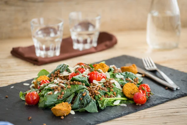 Heerlijke salade met falafels, linzen en gebakken tomaat — Stockfoto