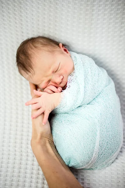 Cute Sleeping Newborn Baby Boy Wrapped Blue Laying Mother Hand — Stock Photo, Image