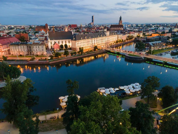 Flygfoto Över Vackra Wroclaw Ligger Många Öar Odra Floden Polen — Stockfoto