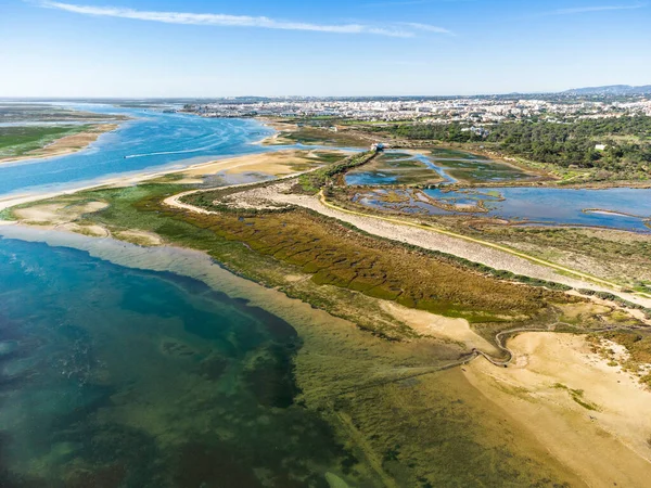Letecký Pohled Přírodní Park Ria Formosa Město Olhao Algarve Jižně — Stock fotografie