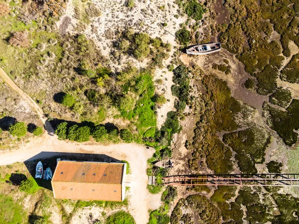 Vista Aérea Del Parque Natural Ría Formosa Con Barcos Casa —  Fotos de Stock