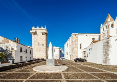 Historic square with the castle, churches and monument of queen Isabela, Estremoz, Prtugal clipart