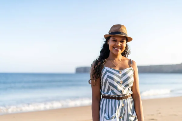 Portrait Beautiful Young Woman Beach Sunset Algarve Portugal — Stock Fotó