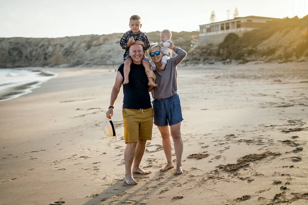 Family Two Small Boys Enjoying Time Beach Algarve Portugal — Stock Photo, Image