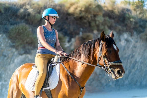 Young Woman Enjoying Horse Riding Mountainous Wilderness Andalusia Spain — Stock Photo, Image