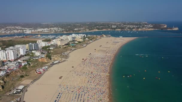 Aerial View Wide Crowded Rocha Beach Portimao Algarve Portugal — Stock Video