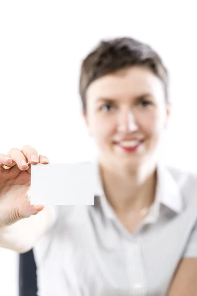 Young woman presenting a business card — Stock Photo, Image