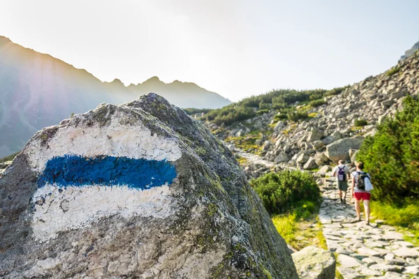 Caminhantes em uma trilha em belas montanhas — Fotografia de Stock