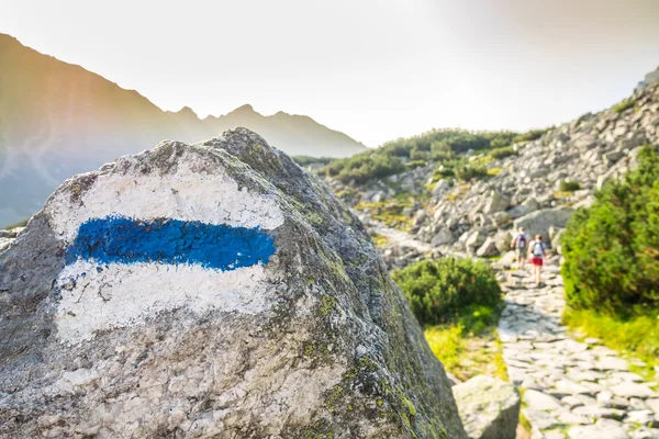 Caminhantes em uma trilha em belas montanhas — Fotografia de Stock