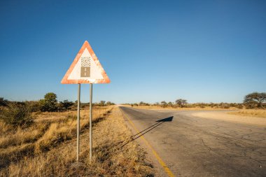 Kuzey Windhoek, Namibya yakınlarındaki Paved yolunda toprak bir yolun başladığına dair bir trafik işareti var. Ağaçlı ve otlak kenarlı kırsal alan. Asfalttan asfaltsız zemine olan yol geçişleri, yükselen engebeli araziyi gösteriyor..
