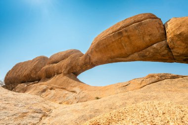 Namibya 'daki Spitzkoppe Halk Kampı' nda Granit tepeler ve engebeli çöl manzaraları. Dağılmış akasya ağaçlarıyla altın çayırlar, berrak gökyüzünün altındaki dramatik kayalık dağlara karşı tezat oluşturuyor..