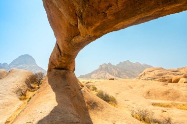 Namibya 'daki Spitzkoppe Halk Kampı' nda Granit tepeler ve engebeli çöl manzaraları. Dağılmış akasya ağaçlarıyla altın çayırlar, berrak gökyüzünün altındaki dramatik kayalık dağlara karşı tezat oluşturuyor..