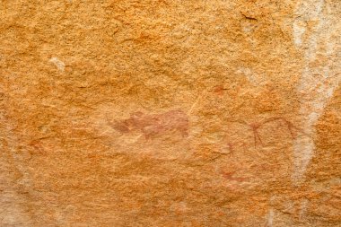 Ancient rock paintings on stones at Spitzkoppe Community Campsite in Namibia. The image captures traditional African rock art surrounded by rugged granite formations and desert landscape.
