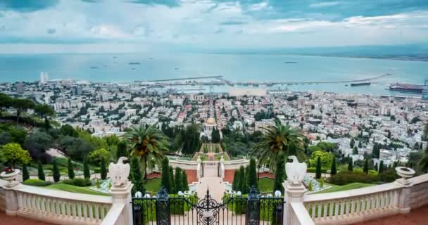 Panorama Haifa - port och Bahai gardern, Israel — Stockvideo
