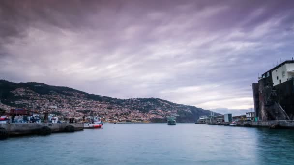 Πλοίο έρχεται σε ένα λιμάνι για: Φουντσάλ, Μαδέρα — Αρχείο Βίντεο