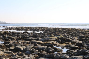 Güzel ada, deniz dalgası, temiz su, deniz kenarı sırığı, mavi gökyüzü.