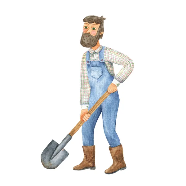Fermier barbu en salopette avec une pelle. Illustration isolée aquarelle. Jardinier masculin. — Photo