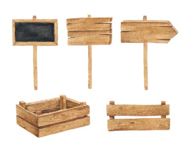 Suluboya çizim el beyaz arkaplana izole ahşap işaretler, tahtalar ve kutular çizer