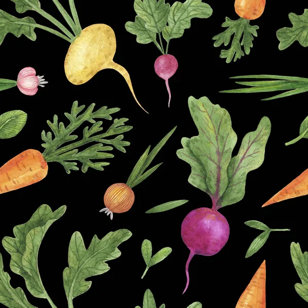 Aquarell Veganes Muster isoliert auf schwarzem Hintergrund.. Nahtlose Hand gezeichnete Wurzel Gemüse. Gartenarbeit im Hintergrund. Wiederholbares Design für Speisekarte, Restaurant, Salatbar, Bauernmarkt. — Stockfoto