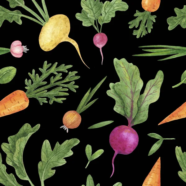 Aquarelle motif végétalien isolé sur fond noir.. Sans couture main dessiné légumes racines. Contexte du jardinage. Verdure Design répétable pour Menu, Restaurant, Salat Bar, Marché fermier. — Photo