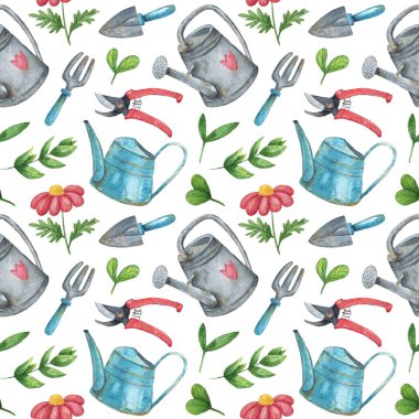 Suluboya bahçıvanlık kusursuz desen. Bahçe araçlarıyla el çizimi deseni