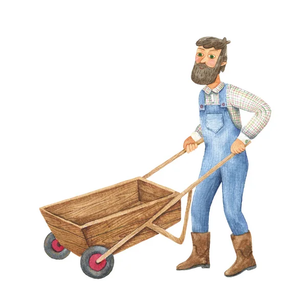 Cartoon bearded farmer in overalls pushing a wheelbarrow in front of him. Watercolor hand draw illustration isolated on white background.